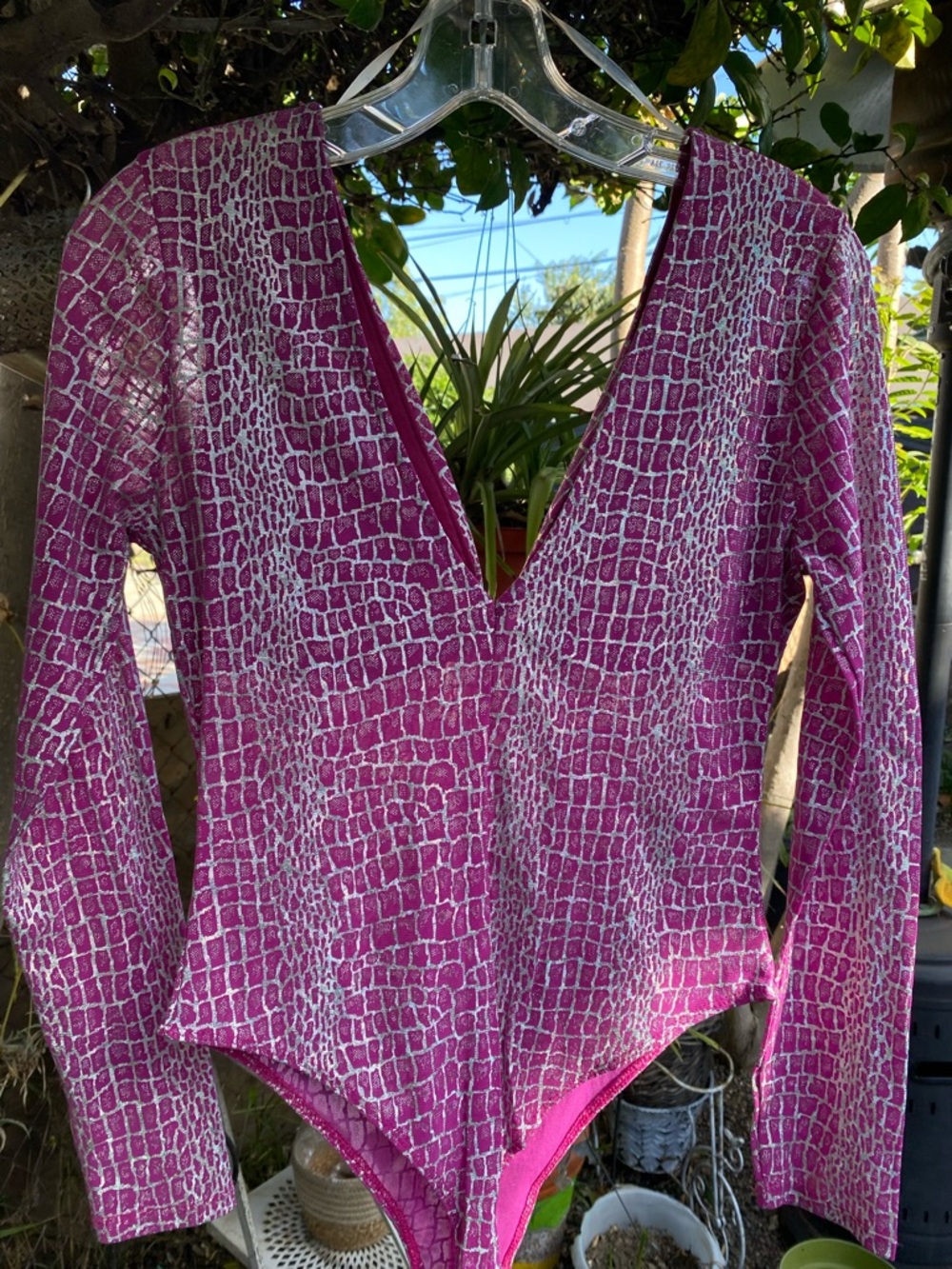 Fuchsia Croc-Print Deep V Bodysuit